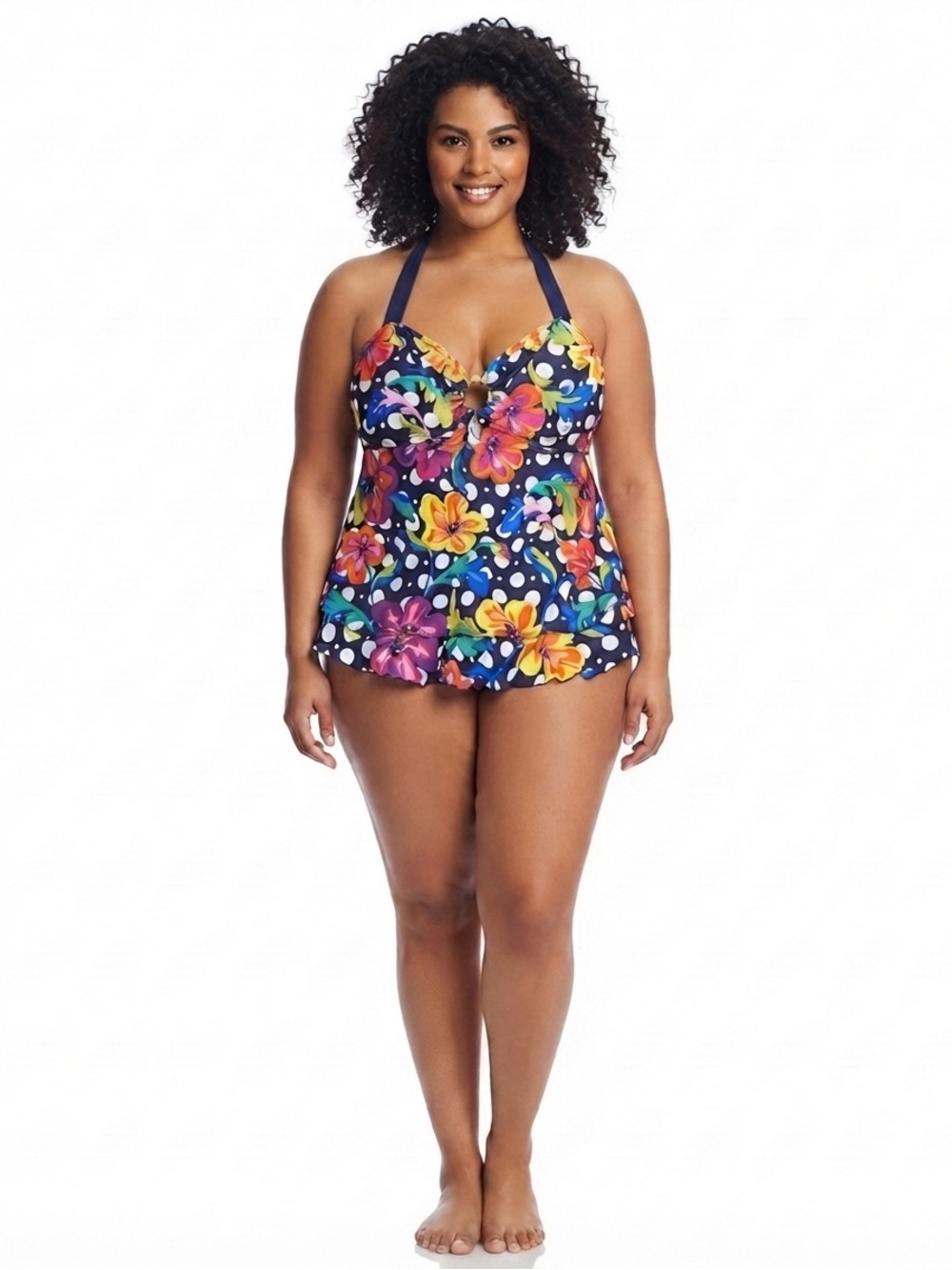 New! Vintage Torrid Navy Floral Halter Swim Suit Dress